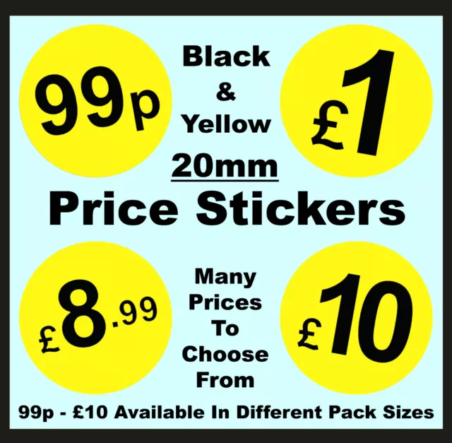 20mm Black & Yellow Price Point Stickers / Sticky Swing Tag Labels £1 £2 £3 £5