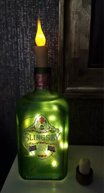 Slingsby Gooseberry Frosted Green Gin Bottle With Led String Lights, Candle Top