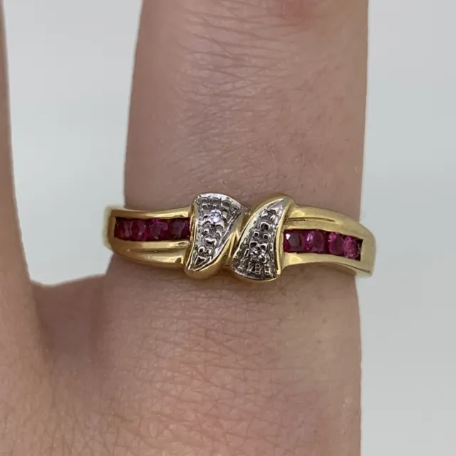 Ruby & Diamond Channel Set Ring 9ct 9K Yellow Gold - Size P