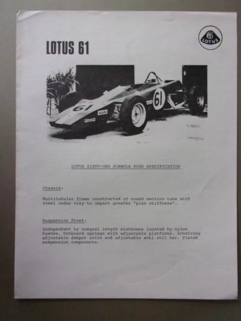 LOTUS 61 SIXTY-ONE Formula Ford orig 1969 USA Mkt Sales Brochure
