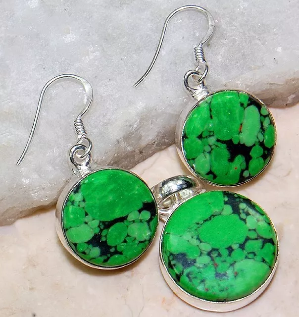 Natural Green Turquoise 925 Sterling Silver Earrings Pendant Set NW17-8
