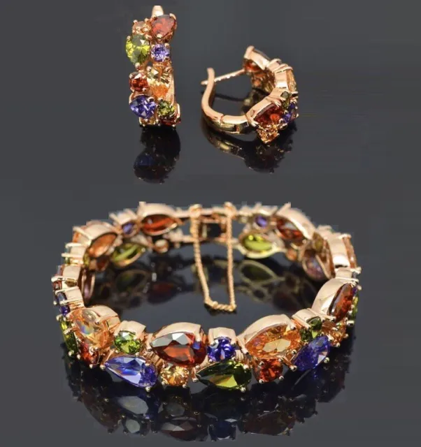 18k Rose Gold Filled Bracelet Earrings Set made w Swarovski Crystal Multicolor