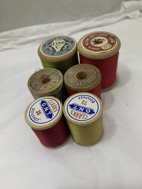 Antique 6 Wooden Spools Cotton Thread Sewing #3