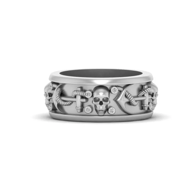 Solid 925 Sterling Silver Gothic Skull and Anchor Ring Mens Skull Wedding Band