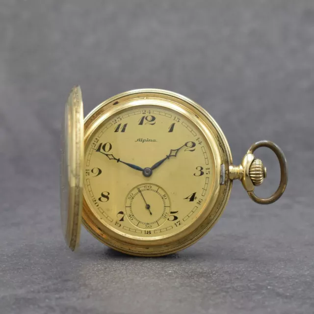 pure Gold ALPINA 14k yellow gold hunting cased pocket watch precision adjustment