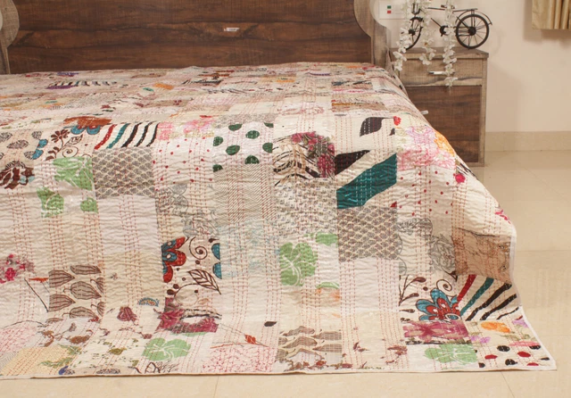 Colcha india hecha a mano Kantha edredón patola seda mosaico algodón talla King