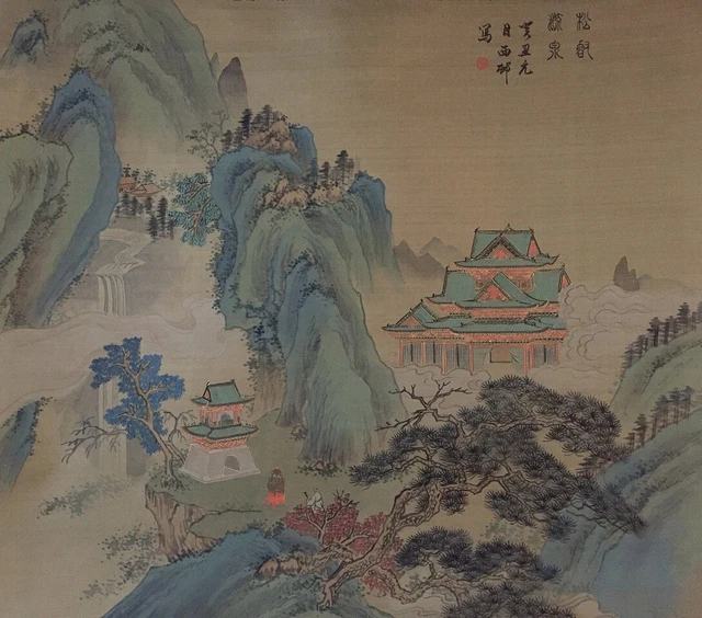 G0896 Japonés Vintage Colgante Rollo Kakejiku Mano Pintura Seda Paisaje Singed