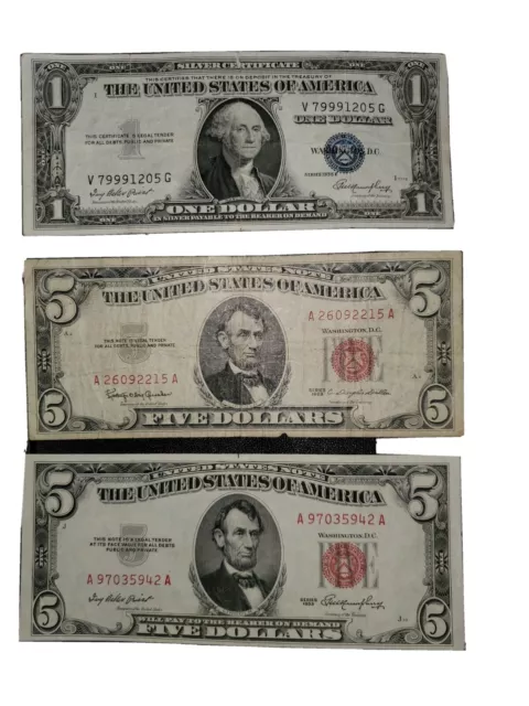 FIVE DOLLAR NOTE SILVER CERTIFICATE ***   RED Sealed  1963 and 1953