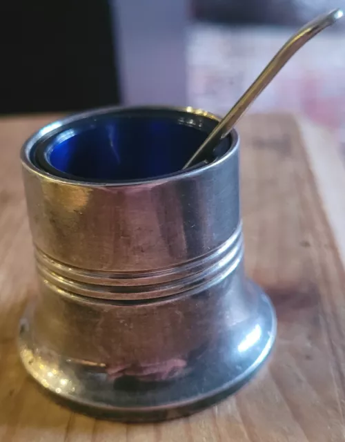 Silver Plated Mustard Pot EPNS Blue Glass