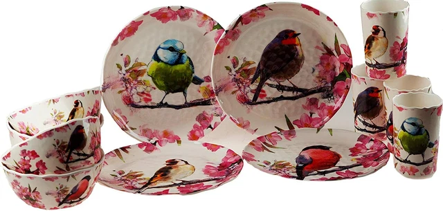 12Pc Melamine Dinner Set Crockery Birds Design Outdoor Dining Camping Plate Bowl