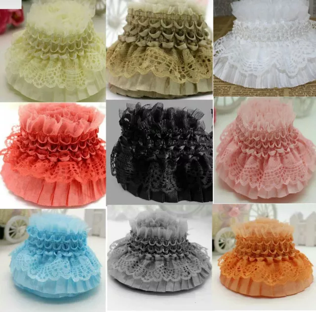 1m 3-reihige Spitzenbesatz Organza Wellen Plissee Perlen Spitze viele Farben 8cm