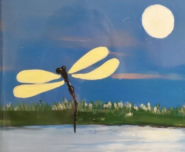 Dragonfly in Moonlight over Lake Hand Painted Tile 6 x 6 Inch w Stand