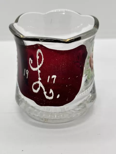 Antique 1917 Ruby Red Flash Glass Souvenir Toothpick Holder Hand Painted Florals