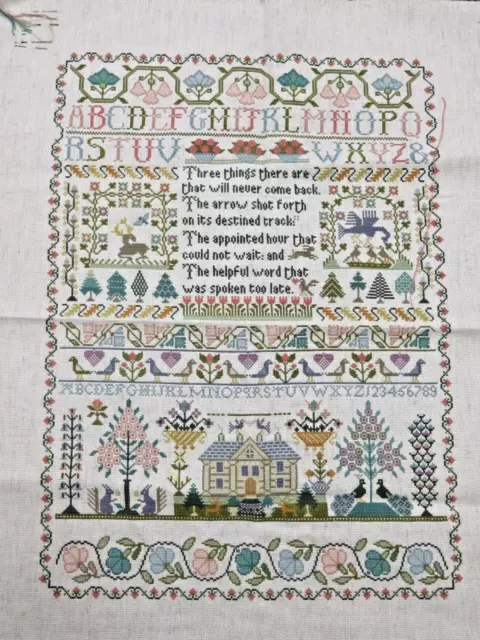 Vintage Finished Three Things Traditional Sampler Cross-Stitch Embroidery