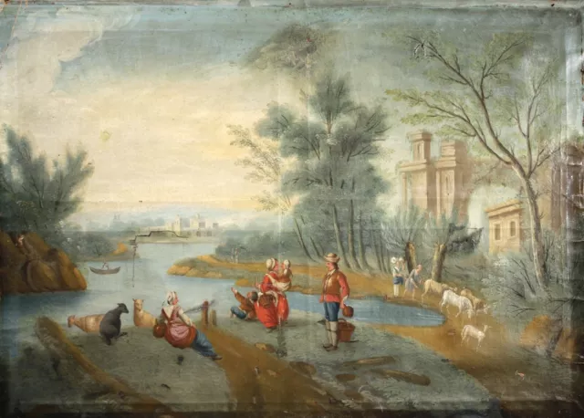 18th CENTURY HUGE FRENCH OLD MASTER OIL - PASTORAL LANDSCAPE RUINS - TO RESTORE