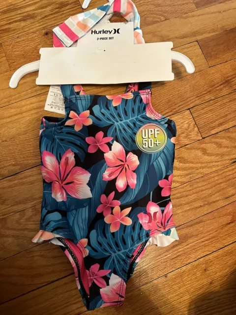 Hurley Baby Girls One Piece Swimsuit w/ headband, Floral Size 24 Months NWT