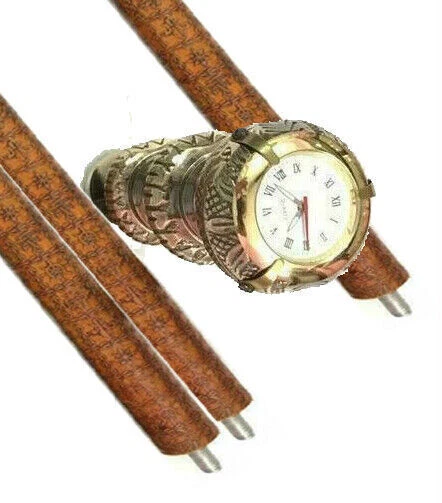 Brass Clock Wooden Stick Round Designer Handle Walking Cane With Lathe