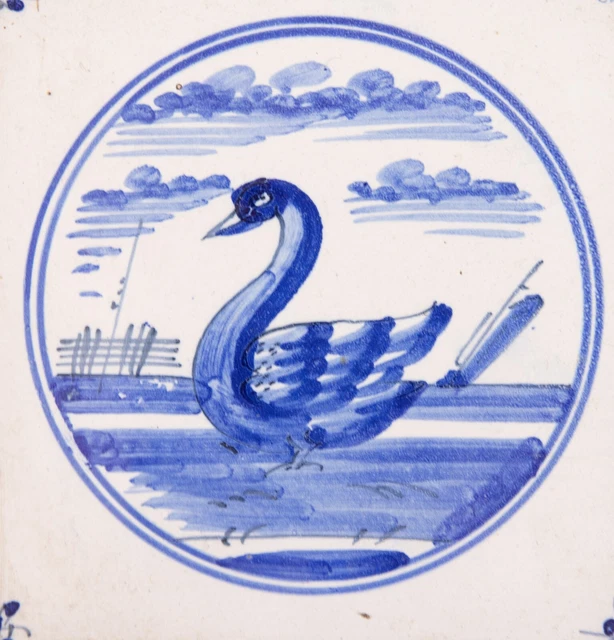 Antique 18th Century Dutch Delft Faience Swans Framed Set of 3 Tiles 2
