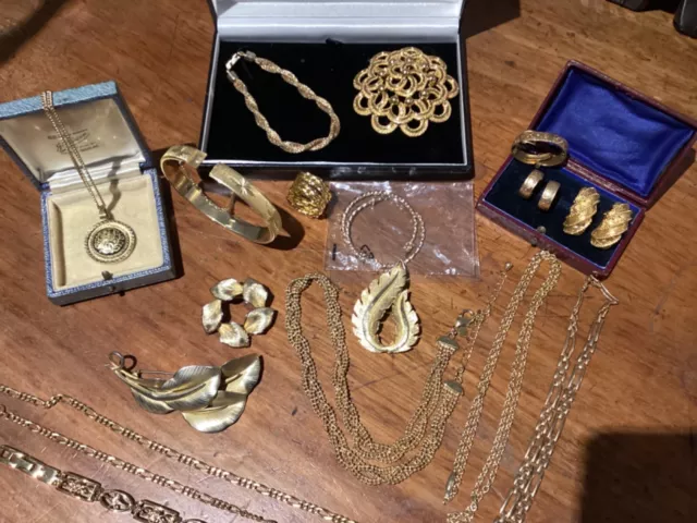 Job Lot Of Vintage/Costume Gold Tone Jewellery,Brooches,Chains,Bracelets Earring