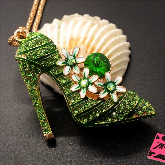 Hot Fashion Women Green Bling Flower High Heel Crystal Necklace Sweater Chain