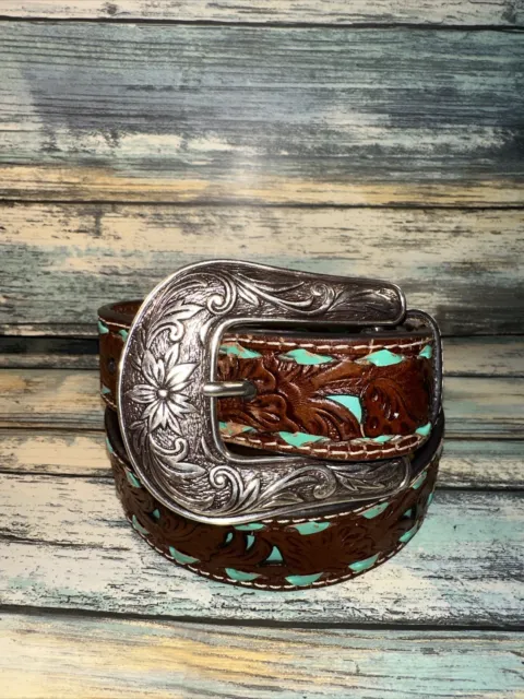 Nocona Western Girls Belt Youth Leather Turquoise Teal Tooled Brown N44439608 24