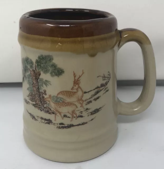 Vintage Glazed Stoneware Mug/beer stein- Buck/Doe Wildlife Cabin Antique