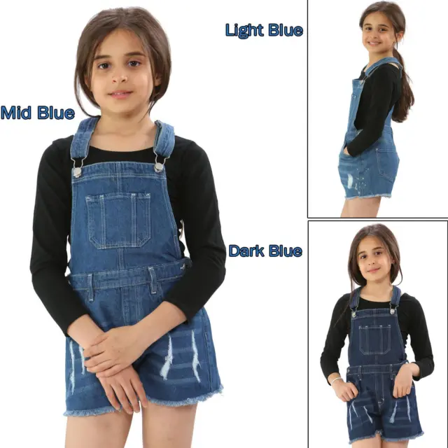 Kids Girls Dungaree Shorts Black Denim Stretch Jumpsuit Playsuits