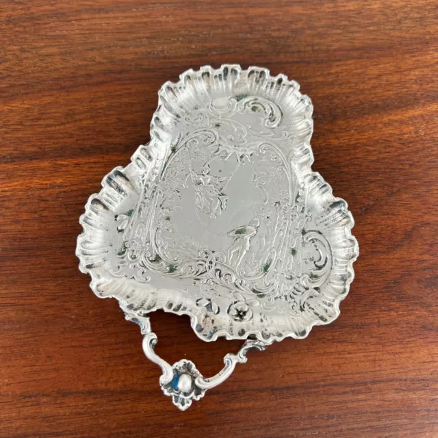 German 800 Silver Handled Serving Dish Ruffled Border Trefoil Woman On Swing