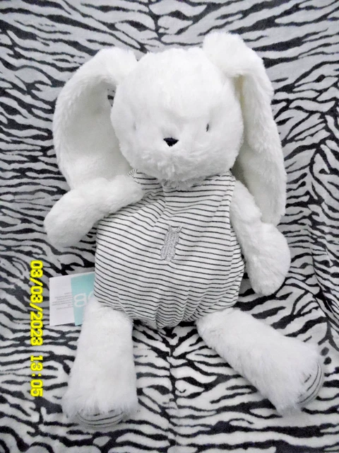 🦋 Obaibi Okaidi Doudou Peluche Lapin Blanc Raye Gris Lapin Argent42M 100% Neuf