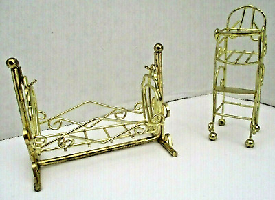 Vintage Miniature Collectible Dollhouse Furniture Brass Baby Rocker, High Chair