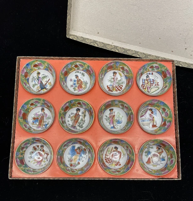 Antique Chinese Tea Rice Wine Sake Cups Geisha Hand Painted w Box Set of 12