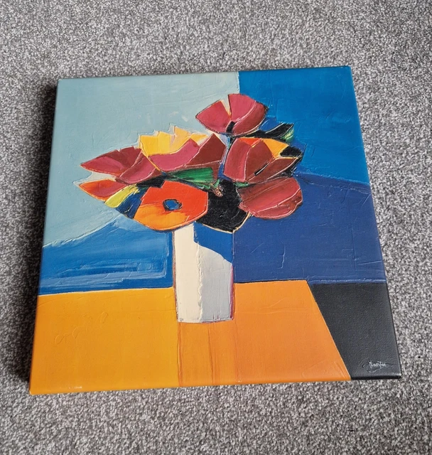 Peinture Acrylique IKEA HALLARYD – Vase Abstrait Fleurs Vibrantes, Signé, 35,5cm