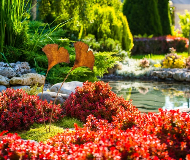 Fenteer Metall Blätter Deko 2-tlg - Ginkgo Skulptur Mit Holz Basis Golden