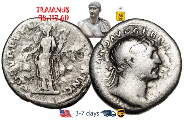 Ancient Roman Empire Coin Silver Denarius Trajan 98 - 117 AD Authentic #19119