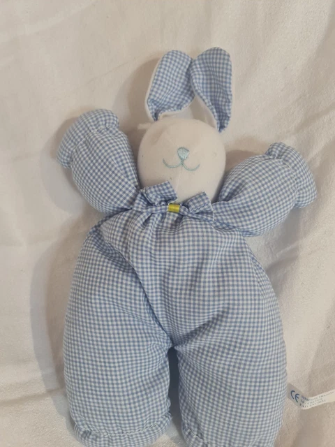 Doudou Peluche Lapin Blanc Tissu Vichy Bleu Grelot Simpson Trading état neuf