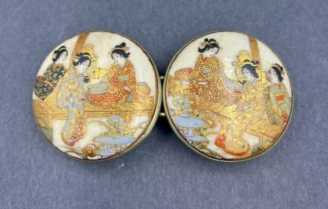 Antique Japanese Satsuma Hand Painted Enamel Belt Buckles Geisha’s Meiji-period