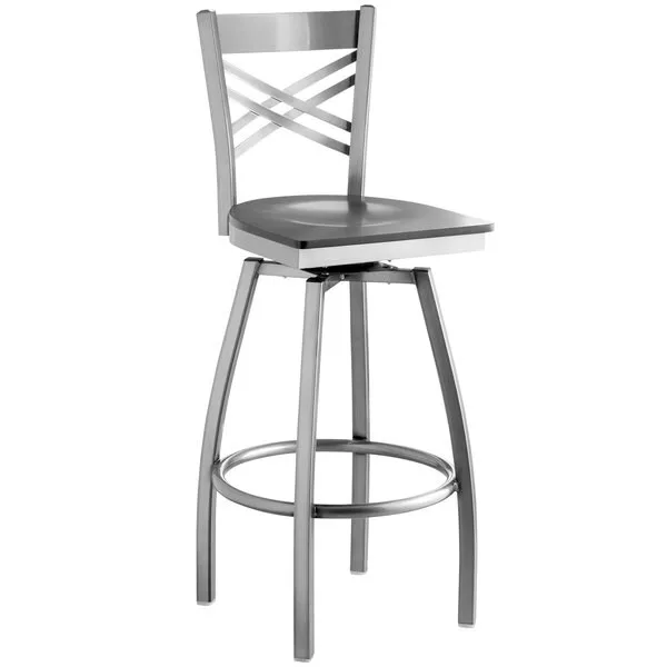 Cross Back Clear Coat Metal Swivel Restaurant Barstool with Black Wood Seat