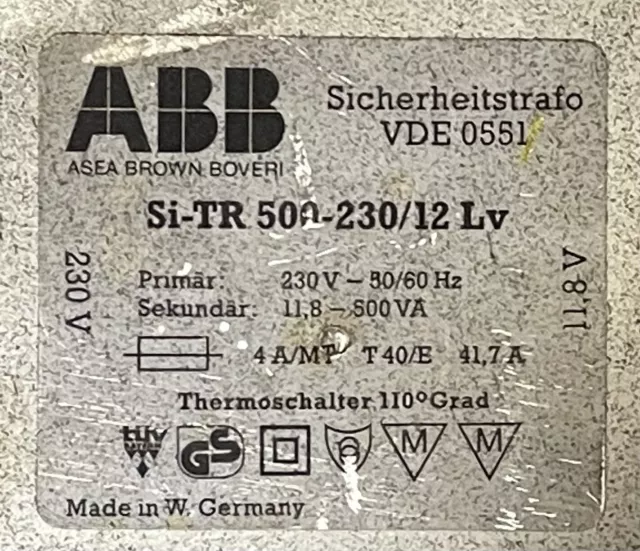 ABB Si-TR 500-230/12 LV, Halogen Sicherheitstrafo, Transformator, 11,8 V 2