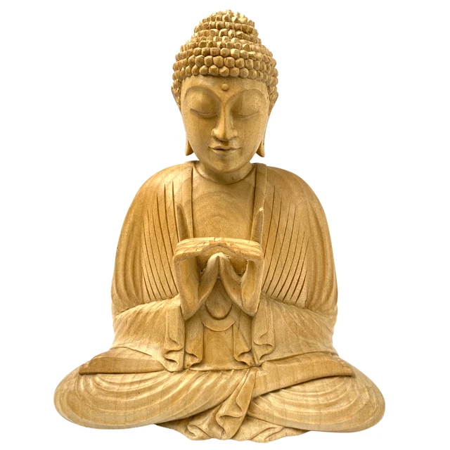 Meditating Buddha Statue Wishing Jewel Mudra Carved wood Sculpture Bali Art 8.75