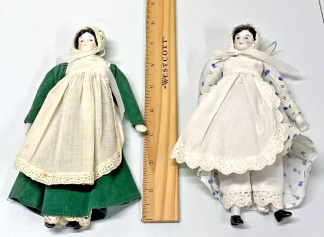 VTG Set of 2 7" Dolls w Porcelain Face hands feet Victorian Christmas Ornament 2