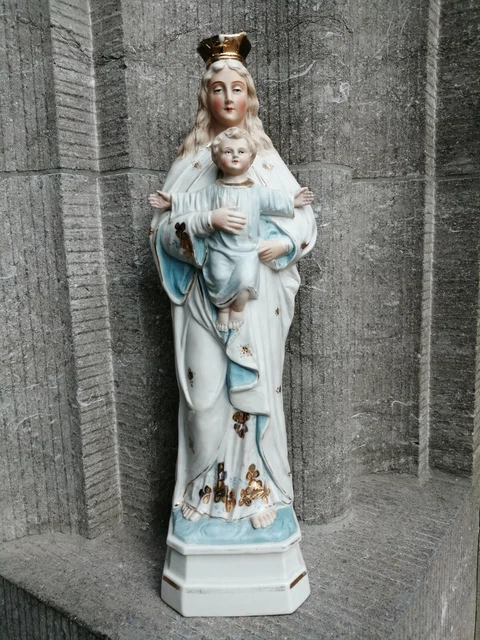 ANTIQUE PORCELAIN BISQUE Madonna Virgin Mary Baby Jesus Chapel Statue ...