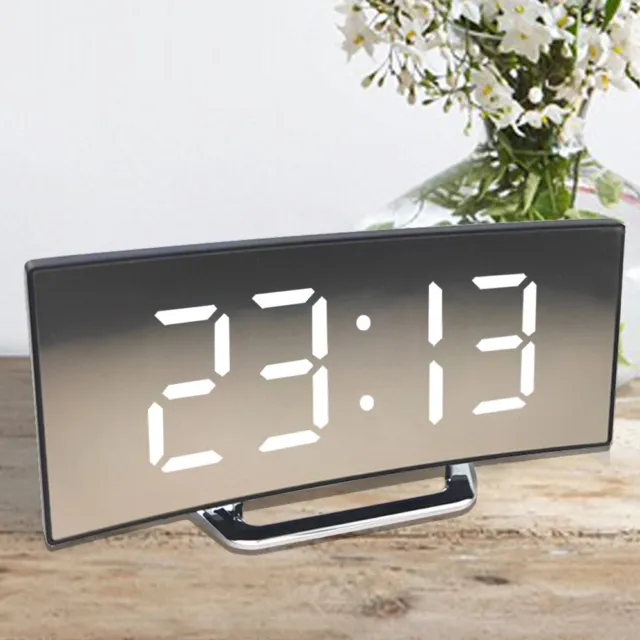 LED Curved Alarm Clock Mirror Clock Bedside Table Electronic Clock +Bracket Home