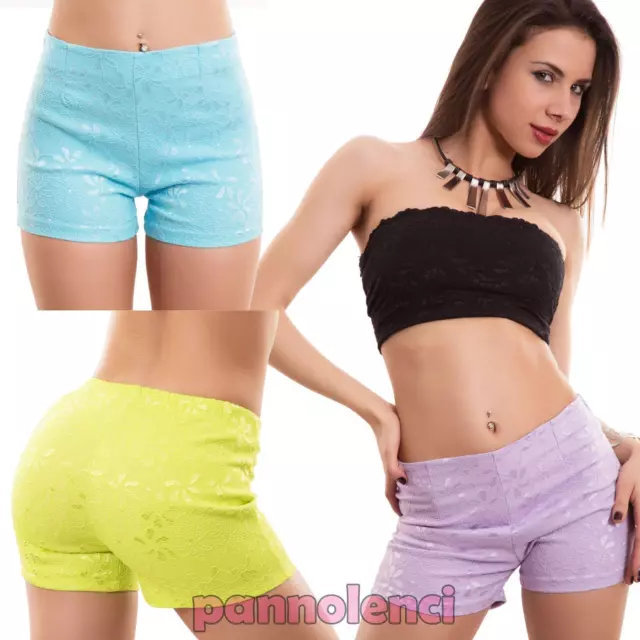 Pantaloncini donna shorts pizzo ricamo eleganti hot pant elastici nuovi F9330