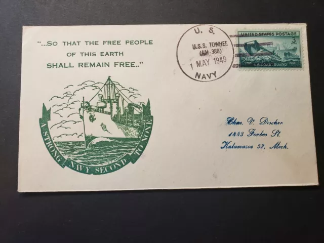 USS TOWHEE AM-388 Naval Cover 1948 SADWORTH Cachet