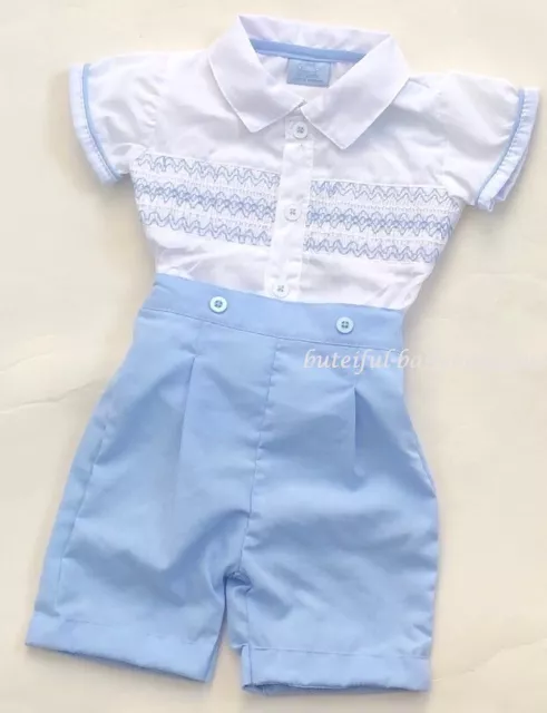 Baby Boys Spanish Romany Style Blue & White Smocked Shirt & Shorts Outfit 0-9M