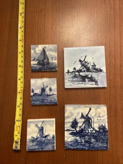 Blue Delft Holland Tiles with Windmills And Sailboats, Lot Of 5