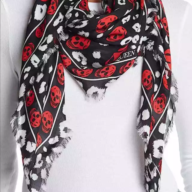 NWT Alexander McQueen Classic Leopard Skull Modal Red Black White Logo Scarf 3