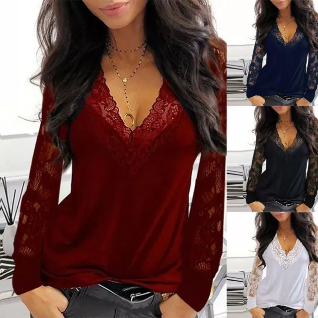 ⭐⭐⭐⭐⭐Women's Lace V-Neck T Shirt Loose Casual Blouse Long Sleeve Summer Tops