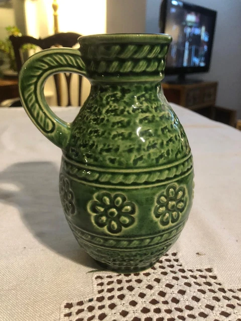 Vintage Bay westdeutsche Keramikvase/Krug/Grün 1970er Retro Kitsch 17cm MCM