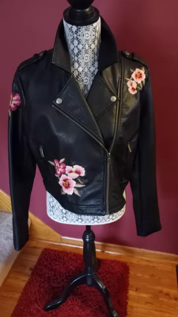 NWT $149 Jessica Simpson Kenley Faux Leather Embroidered Biker Moto Jacket Large